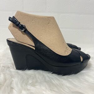 Marc Fisher Black Leather Peep-Toe Slingback Rockabilly Platform Wedges 6.5